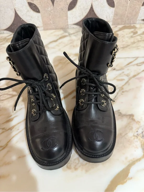 CHANEL Black Quilted Lace-Up Combat Boots size 6