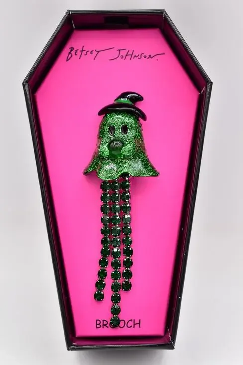 Betsey Johnson Green Ghost Witch Pin Brooch Halloween Green Crystal Glitter NWT