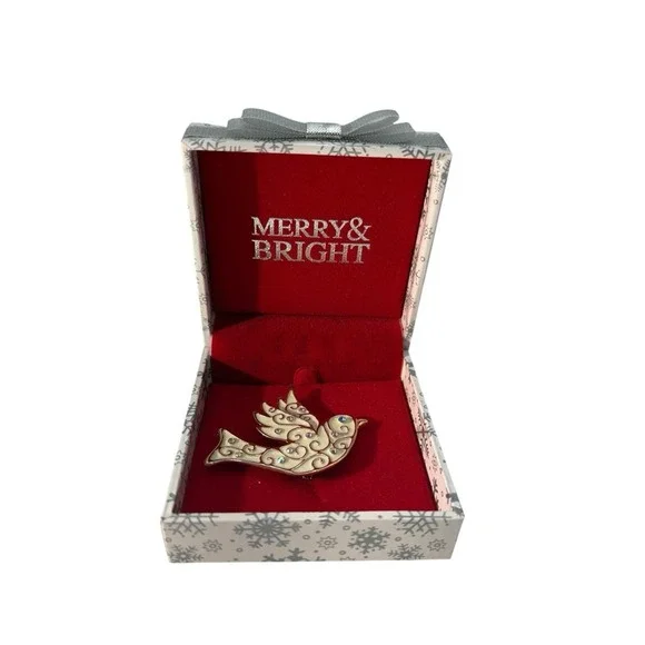 Vintage Silver Tone Enamel‎ Aurora Borealis Rhinestone Dove Bird Brooch Pin