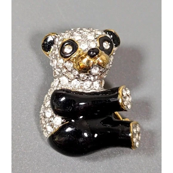 Vintage Black Enamel Rhinestone Pave Panda Bear Pin Brooch Gold Tone‎