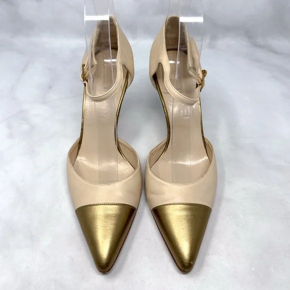 CHANEL CC Vintage 90s Y2K leather Cap Toe Mid Height Heels Pumps Gold Retro 38