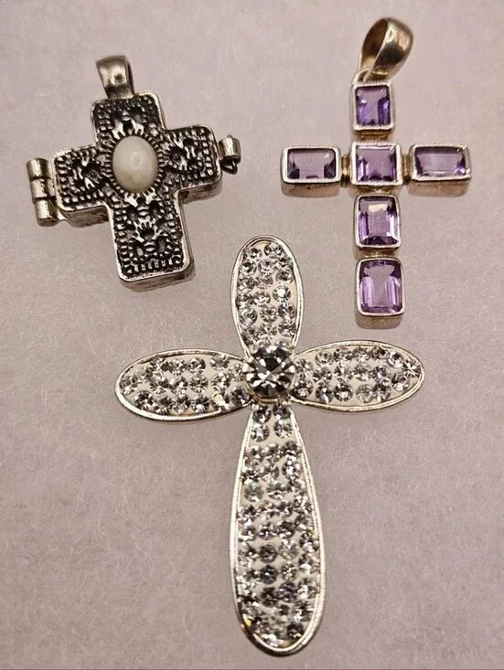 Vintage Cross Locket Amethyst Sterling Cross Pendant Rhinestone Cross Brooch LC