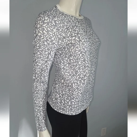 CHANEL White Logo Sequin Long Sleeve Cotton T-Shirt 34 S