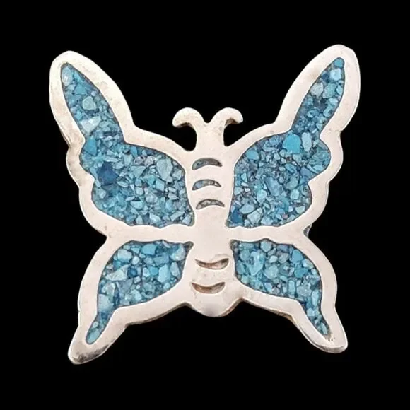 Vintage Alpaca Silver Crushed Turquoise Butterfly Brooch Pin