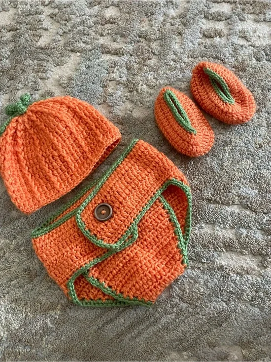 Orange & Green Baby Pumpkin Crochet Hat, Diaper Cover and Booties Set