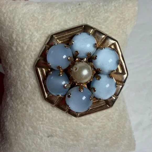 Vintage Gold Tone Blue Cabochon Faux Pearl Flower Brooch Pin Art Deco Revival 1