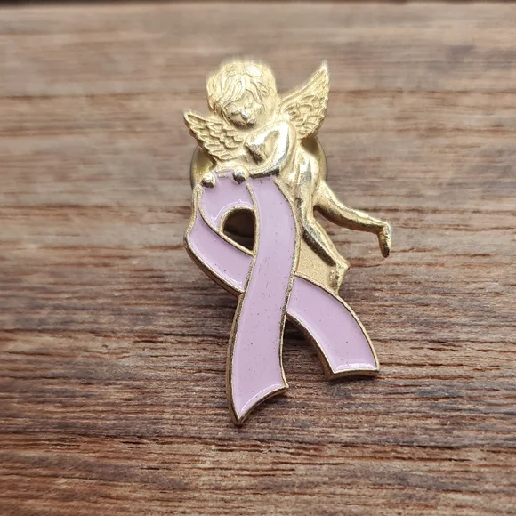 Gold Tone and Pink Angel Ribbon‎ Pin B454