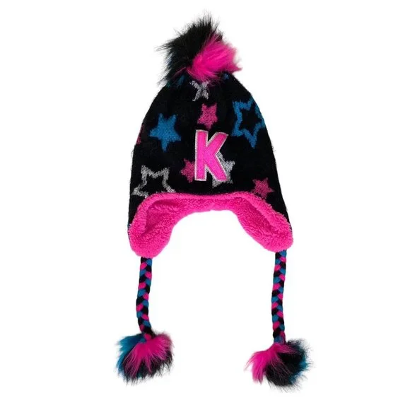 Justice Girl’s Letter‎ K One Size Pom Pom Hat Sherpa Lined Stars Black Blue Pink