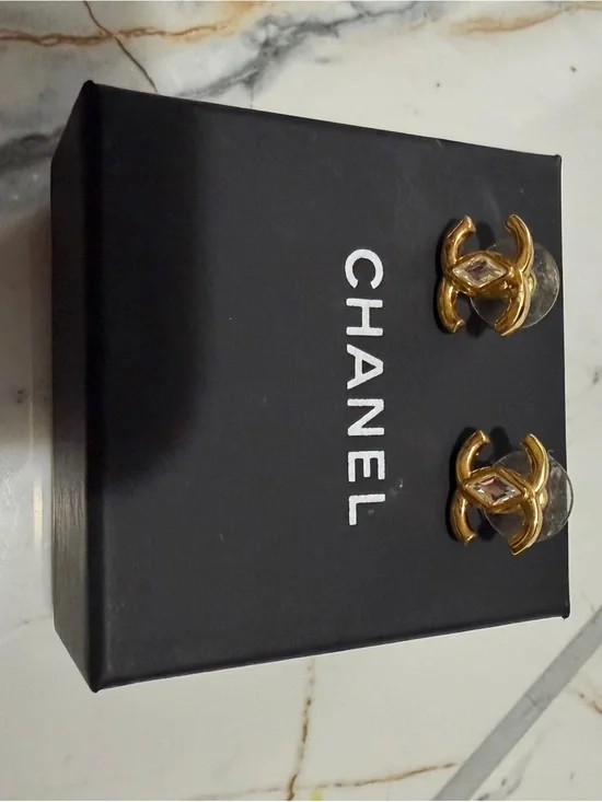 CHANEL Gold CC Logo Earrings with Clear Marquise Crystals