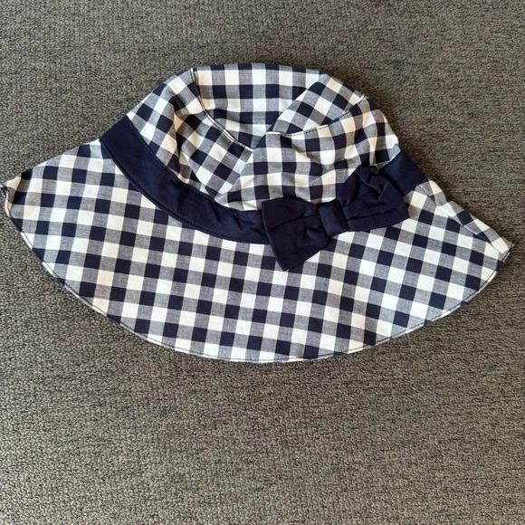 Janie and Jack Blue White Plaid Check Bucket Hat Bow Cotton Baby Girl 12-24M NWT