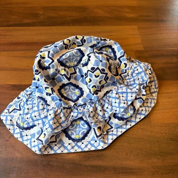 Y2K retired Gymboree Blue White‎ Geometric Tile Ruffle Sun Hat Kids 4T-5T Cotton