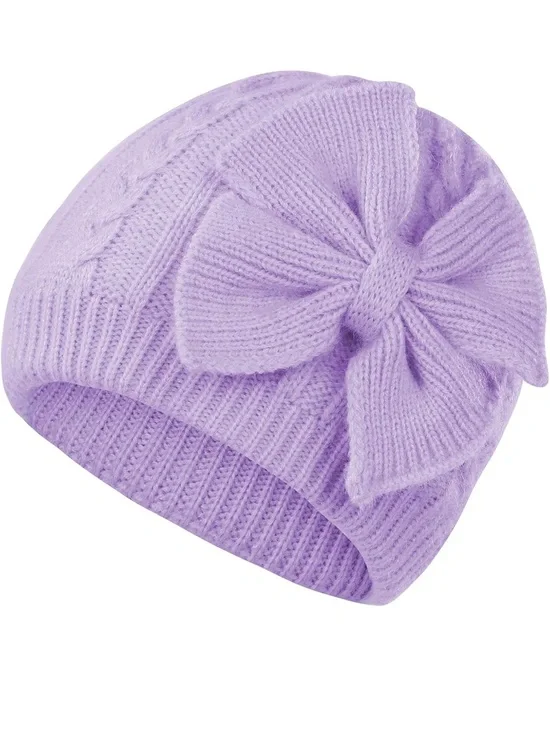 Lilac Knit Bow Beanie for Kids - Soft Winter Hat