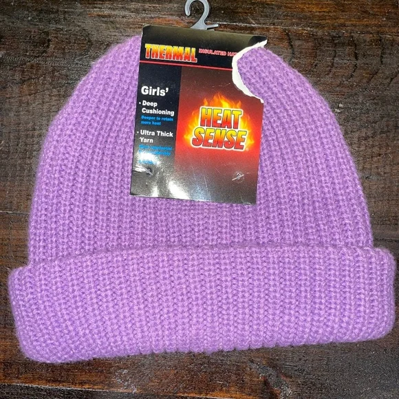 Heat Sense Girls Kids Purple Insulated Beanie Cap Hat‎ Thick Knit Stocking Hat