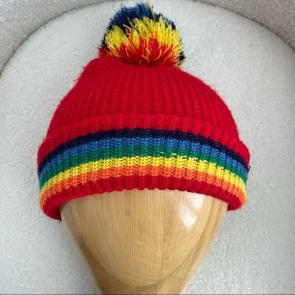 Vintage 70s Rainbow Knit Pom Pom Beanie Hat Childs 6X Adult Small