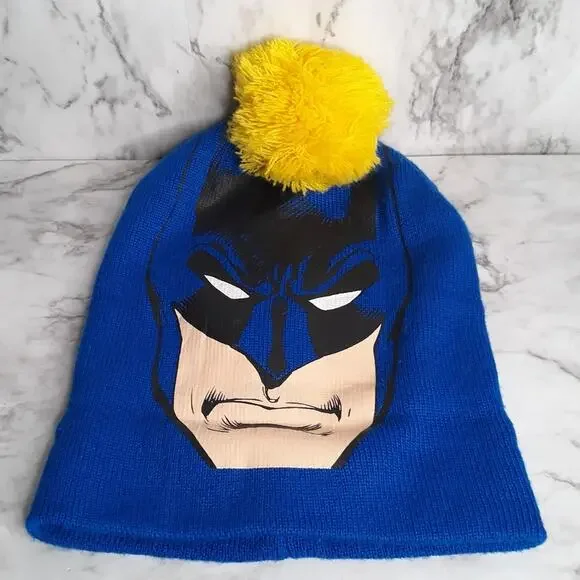 DC Comics Batman Beanie Hat Kids‎ S/M 4-7Y Blue Yellow Pom Pom Graphic Knit