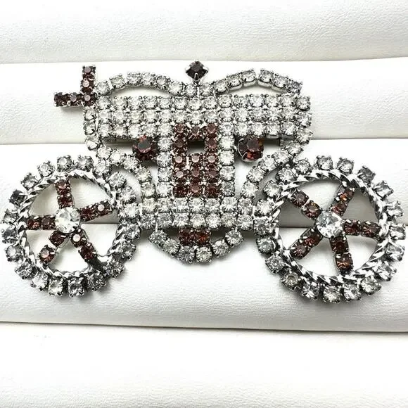 Vintage Rhinestone Stagecoach Brooch Clear and‎ Garnet Color Princess Royalty