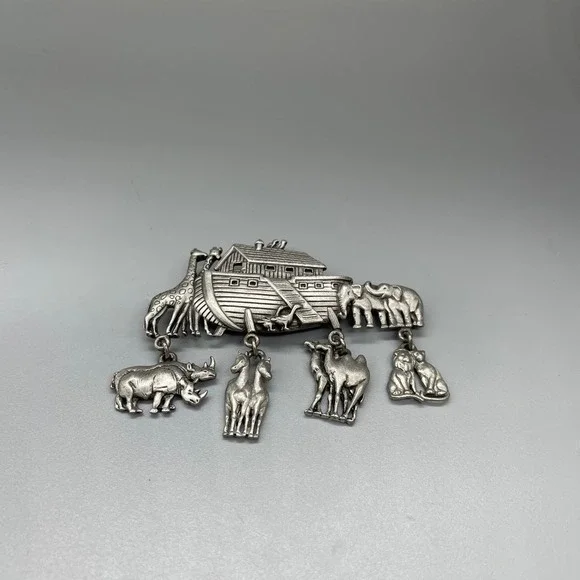 Vintage JJ Noahs Ark Pewter Brooch Dangle‎ Charms Animal Novelty Pin Silver Tone