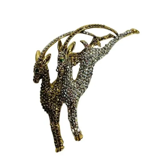 Gold‎ Silver Rhinestone Prancing Deer Brooch Pin Gold Tone Vintage