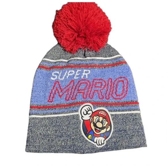 Nintendo Super Mario Patch Beanie Kids Hat W/ Pom Top Blue Red‎ Gray