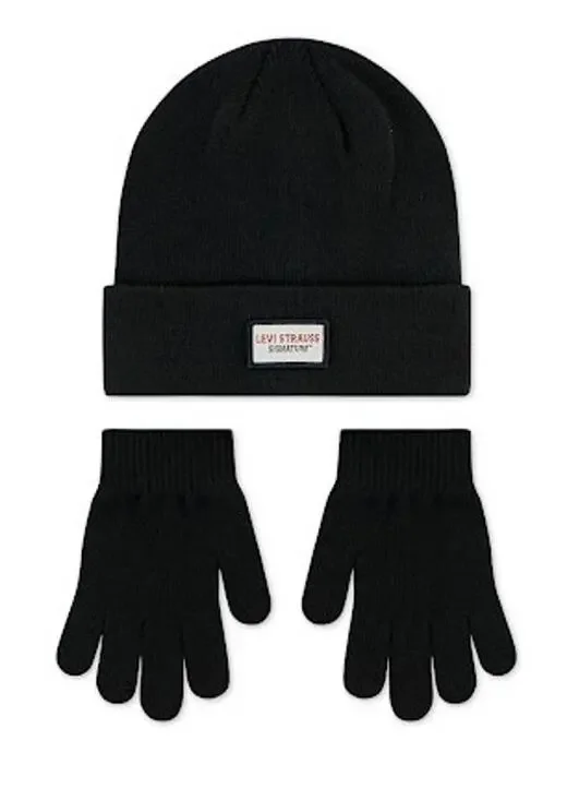 Levi Strauss Kids Beanie & Gloves Set Jet Black One Size Warm NEW