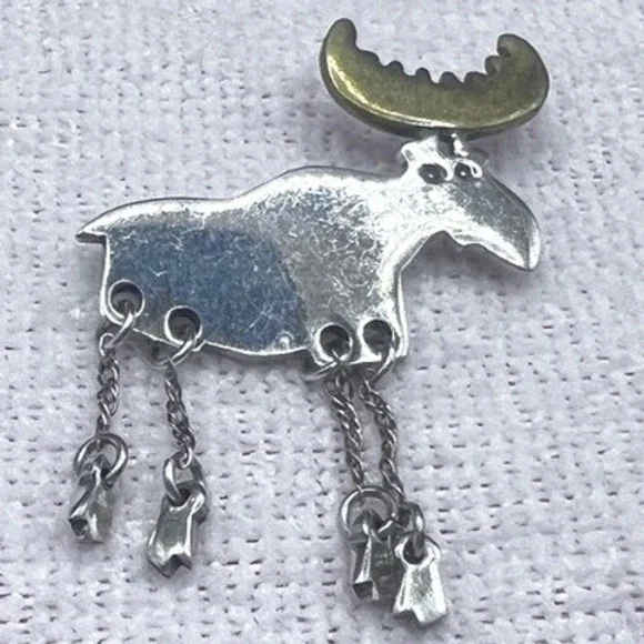 Vintage Mexico Sterling Silver Brass Brooch Pin Moose Articulated Artisan 2