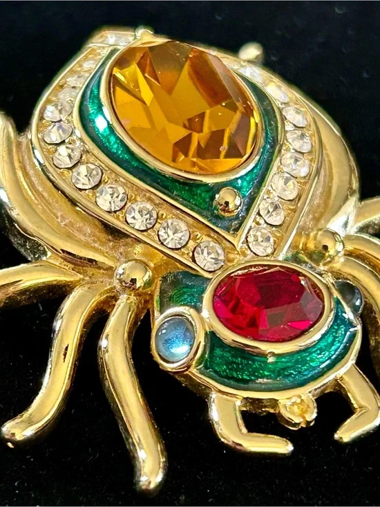 Kenneth Jay Lane KJL Gold-Tone Beetle Brooch with Amber, Red & Emerald Accents