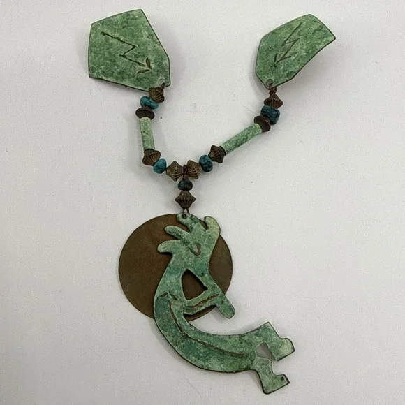 Vtg Native American Kokopelli‎ Brooch Pin Pendant Turquoise Copper? 5