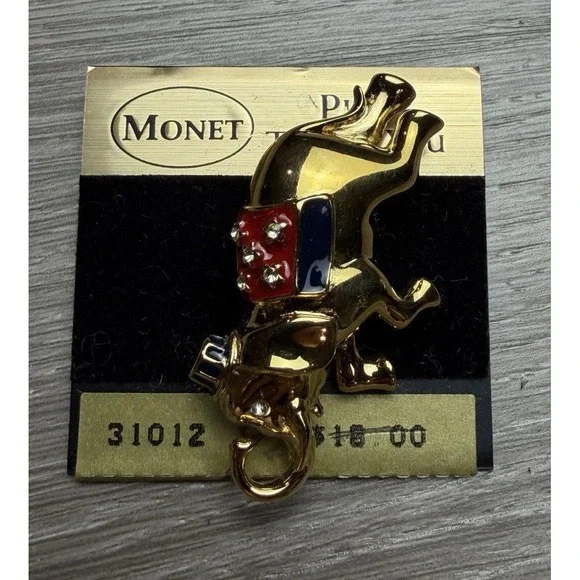Vintage Monet Patriotic Elephant Brooch Pin Gold Tone Red White Blue Enamel NOS