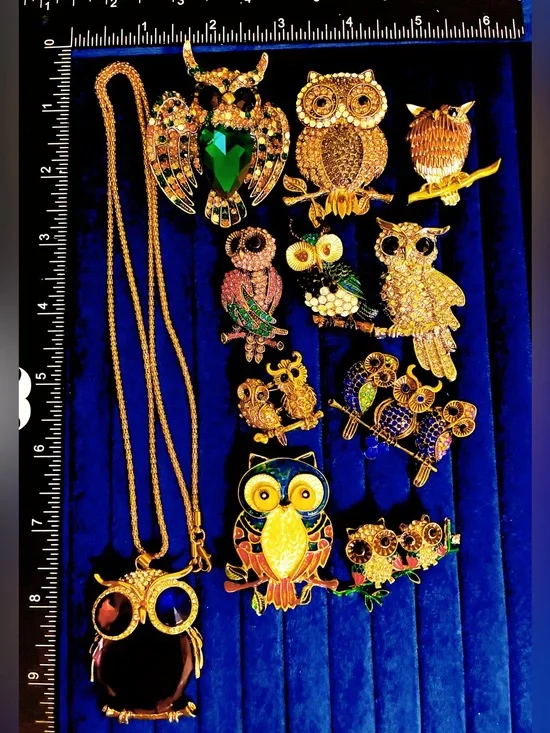 11pcs Owl Brooch Lot Rhinestone Enamel Crystal Bird Pendant Necklace