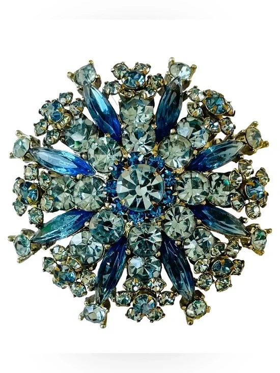 Vintage Mid-Century Sapphire Blue Floral Sunburst Rhinestone Brooch