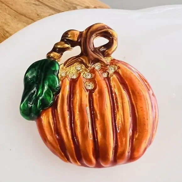 Vintage Brooch Pumpkin Thanksgiving Gold Orange Rhinestone Large Holiday 4355