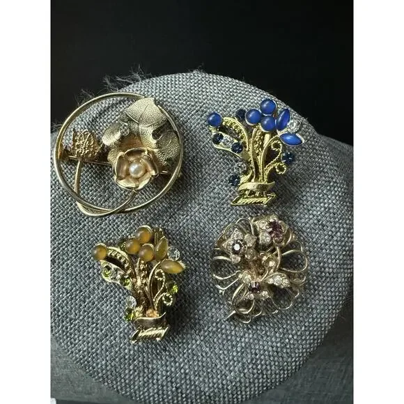 Vintage Brooch Bundle Rhinestone Gold Tone Flowers Scarf Lapel Pin Retro Whimsy