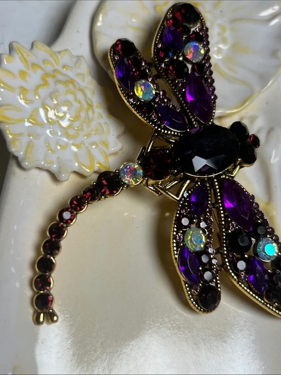 Jeweled Dragonfly Brooch with Purple and Iridescent Stones