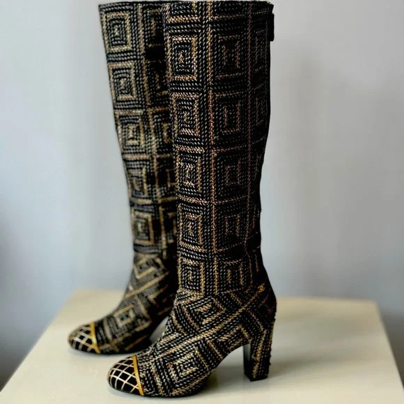 CHANEL Runway Byzantine Tweed Gold Cage High Boots 37 Pre fall 2012