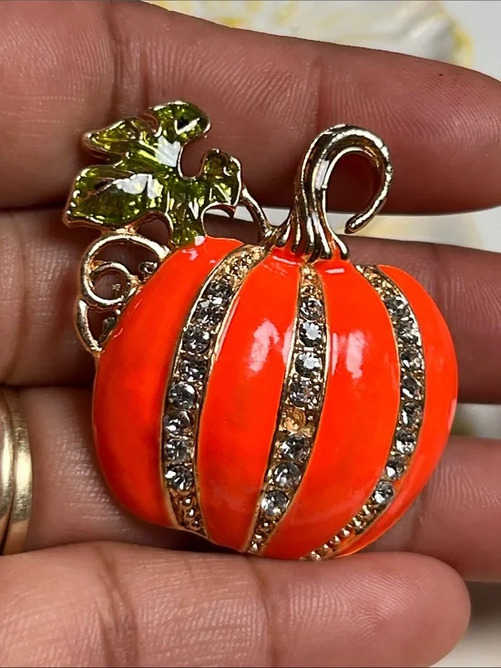 Rhinestone Orange Pumpkin Brooch with Green Leaf Accent