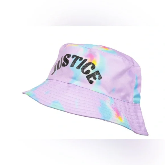 Justice Rainbow Tie Dye Bucket Hat Girls‎ One Size Glitter Logo Pastel NWT