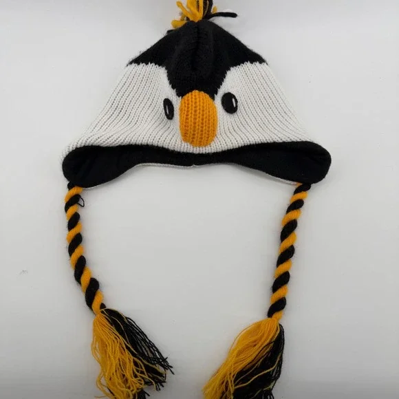 Kids Penguin Winter Hat‎ Black White Yellow Pom Pom Ear Flaps Braids M L