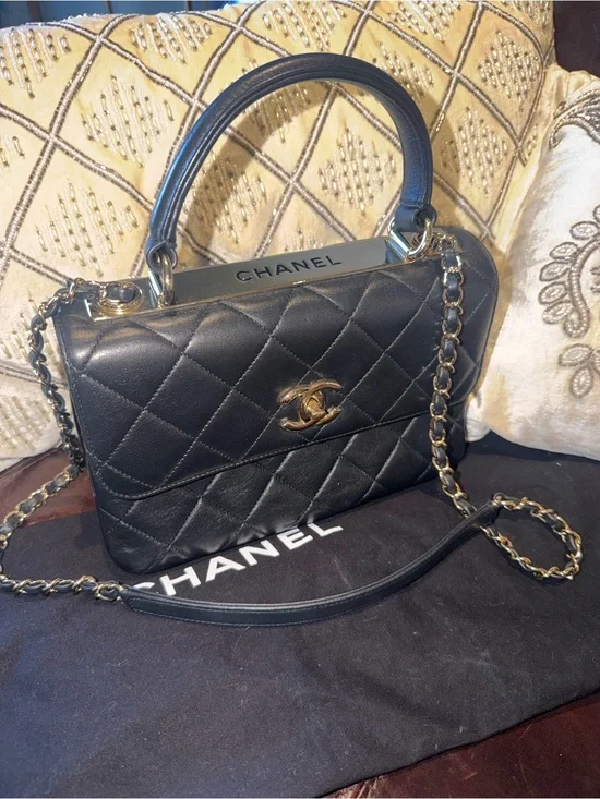 CHANEL Black Quilted Leather Top-Handle & Chain Shoulder Bag