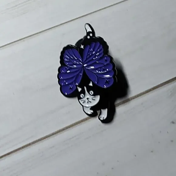 Cute Black Cat & Butterfly Wings Pin Kitty Lapel Hat Funny Brooch