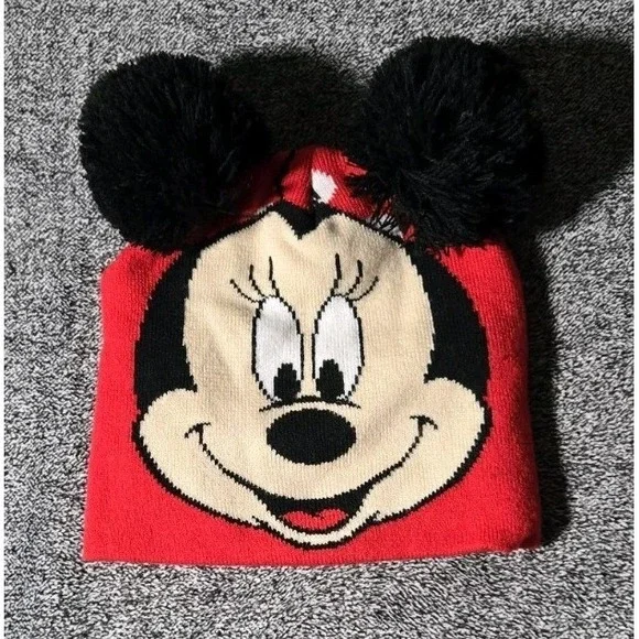 Disney‎ Minnie Mouse Face Red Winter Hat Beanie Pom Pom Ears One Size Fits Most