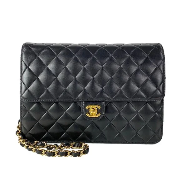 Chanel Single Flap Matelasse Shoulder Bag A03570 Black Gold Lambskin Hardware