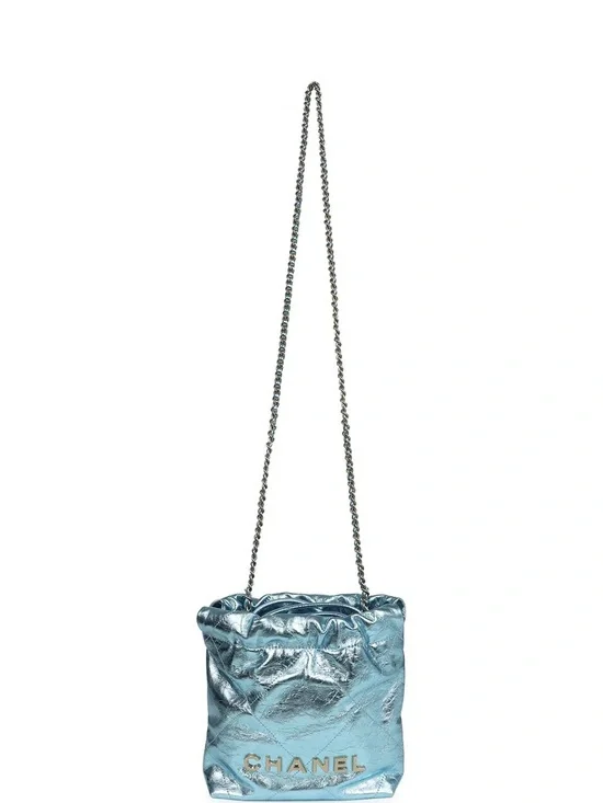 CHANEL Metallic Calfskin Quilted Mini Chanel 22 Blue
