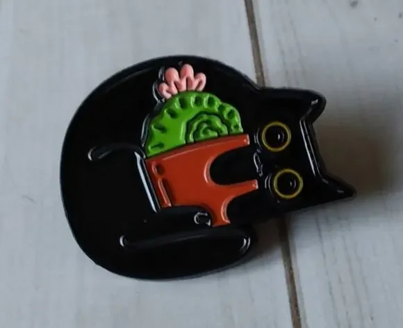 Cute Black Cat Cactus Pin Kitty Lapel Hat Funny Brooch