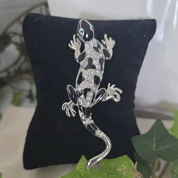 Vintage Silver with Black Enamel and Pave Rhinestone Lizard Brooch Pin