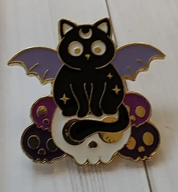 Winged Black Cat Skull Pin Gothic Witchy Halloween Occult Cat Lapel Pin