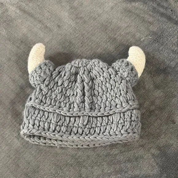 Cozy Gray and Cream Cable-Knit Hat with Horns for Baby