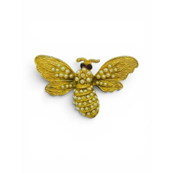 Vintage Gold-Tone Bee Brooch | Faux Seed Pearl Cabochons & Red Rhinestone Eyes