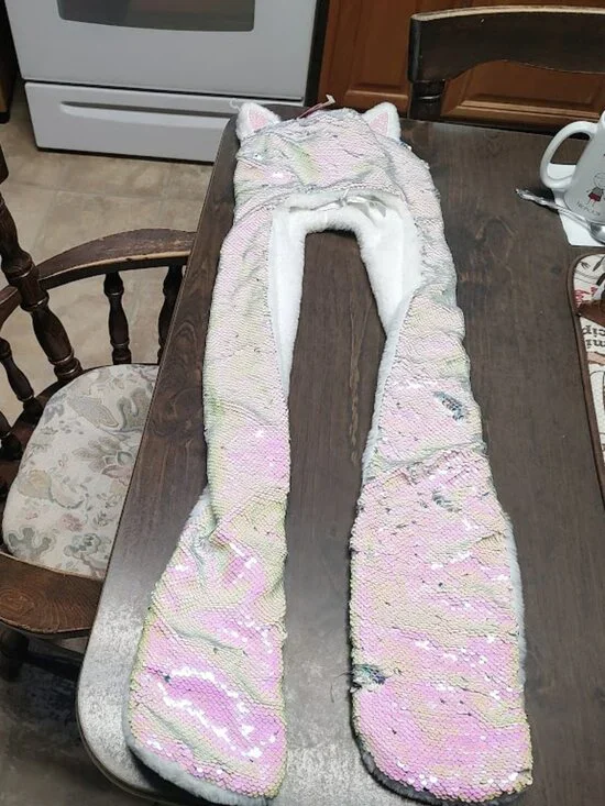 New  Children's Place Cat Reversible Sequin Pink Silver Attached Hat Scarf L/XL