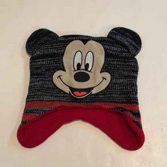 Disney Junior Mickey Mouse Knit Beanie Hat with Ears Grey Red Black Ear Flaps