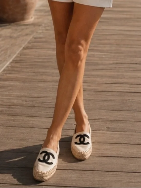 Chanel Cream Raffia/Lambskin Espadrille Flats with Black CC Logo